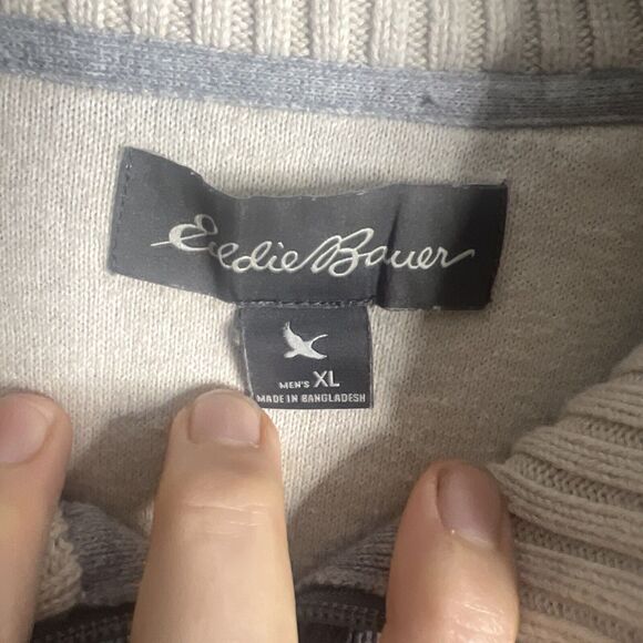 Eddie Bauer Striped Mens Sweater XL Gray Ivory 1/4 Zip Mock Neck Pullover Dad‎ - Picture 3 of 8